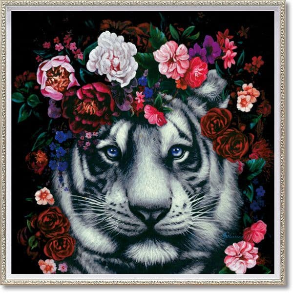 値下げ　オイルペイントアート「フラワー タイガー