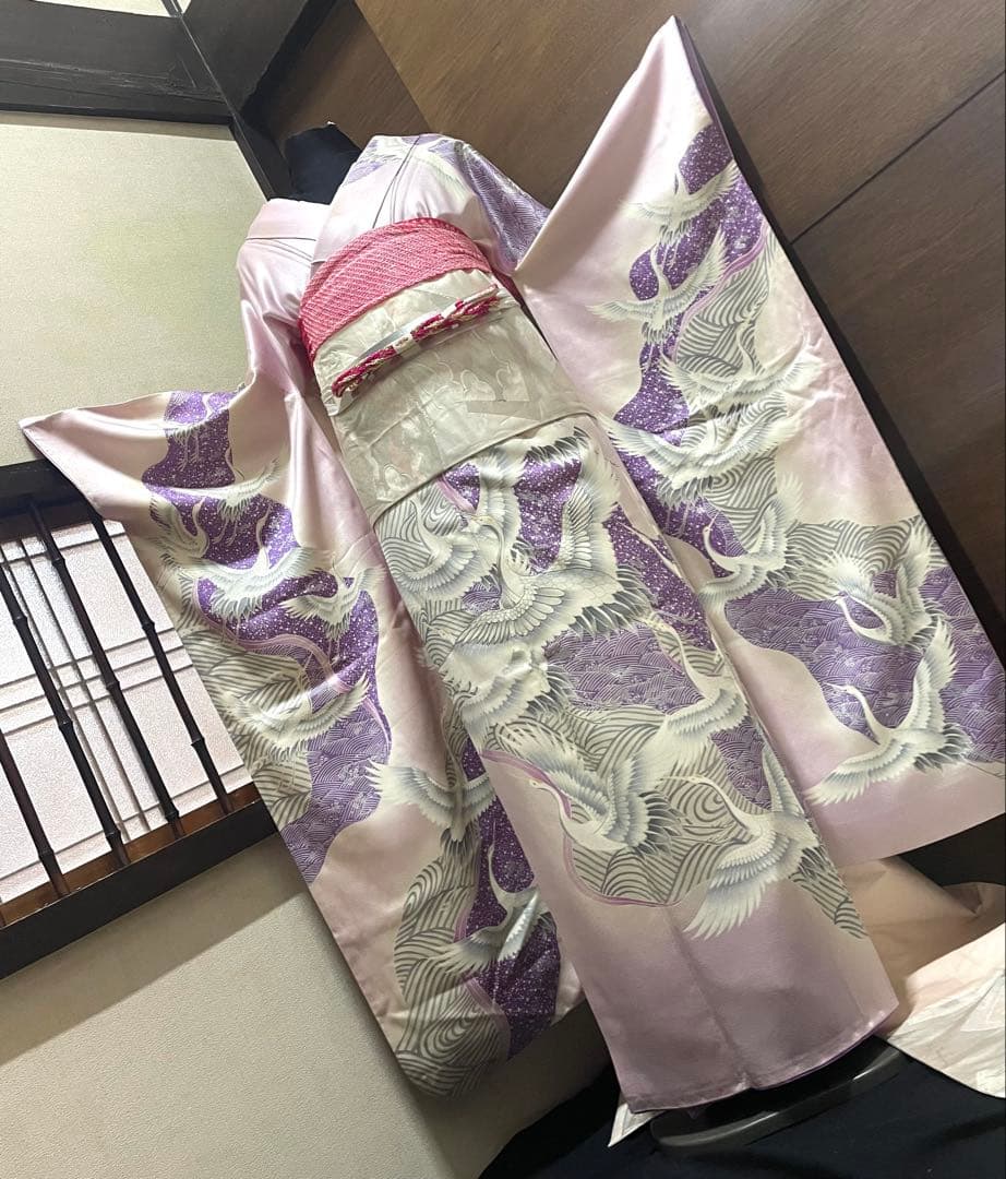 振袖フルセット6点サイズM〜Ｌ駒刺繍　飛鶴文　銀彩　正絹