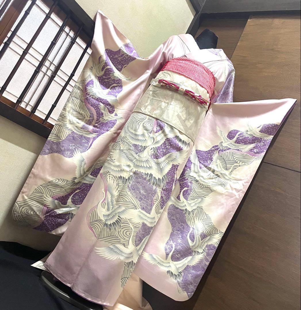 振袖フルセット6点サイズM〜Ｌ駒刺繍　飛鶴文　銀彩　正絹