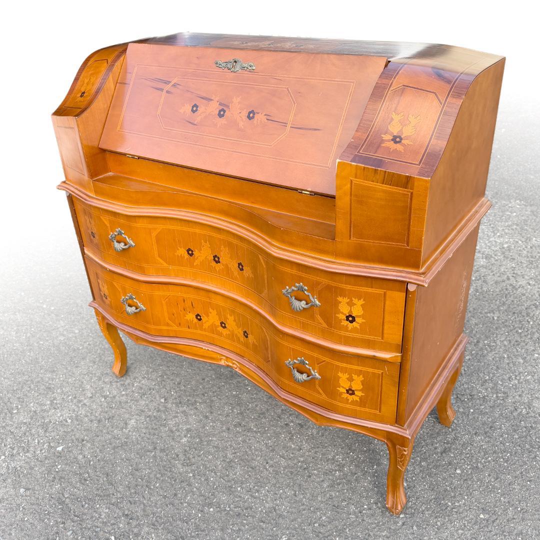 ライティングビューロー 猫脚 イタリア製 鍵付き 象嵌 アンティーク チェスト