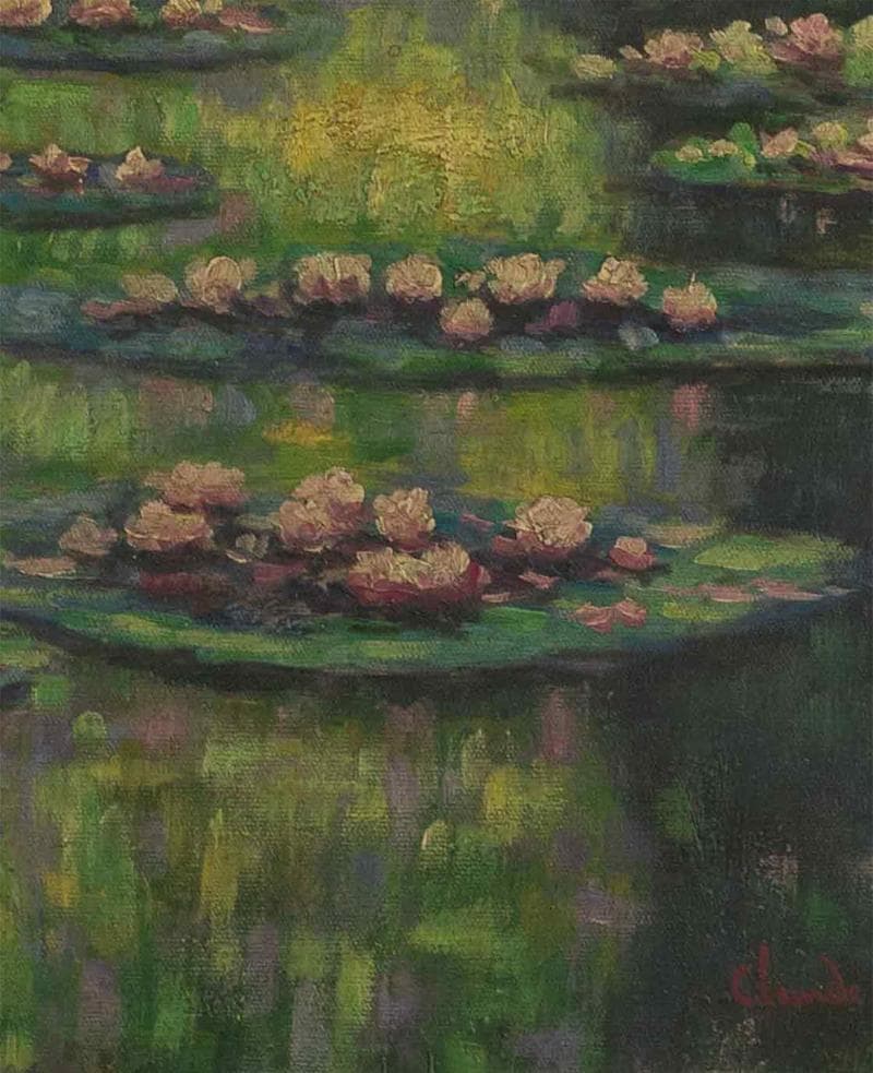 モネ　油彩　肉筆『蓮華』表サイン　ギャラリー証明書　F10号　額装　b602