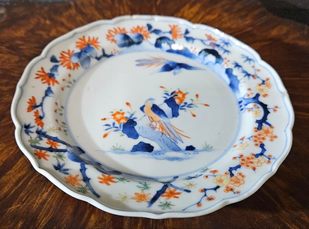 【名品❗】江戸時代後期　柿右衛門様式　染錦　双鳥に　梅花　紅葉　赤花の図　輪花皿