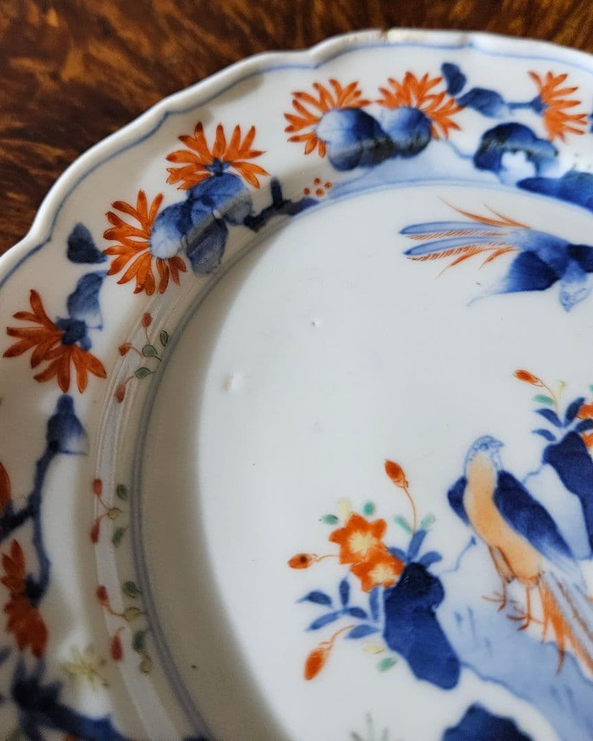 【名品❗】江戸時代後期　柿右衛門様式　染錦　双鳥に　梅花　紅葉　赤花の図　輪花皿