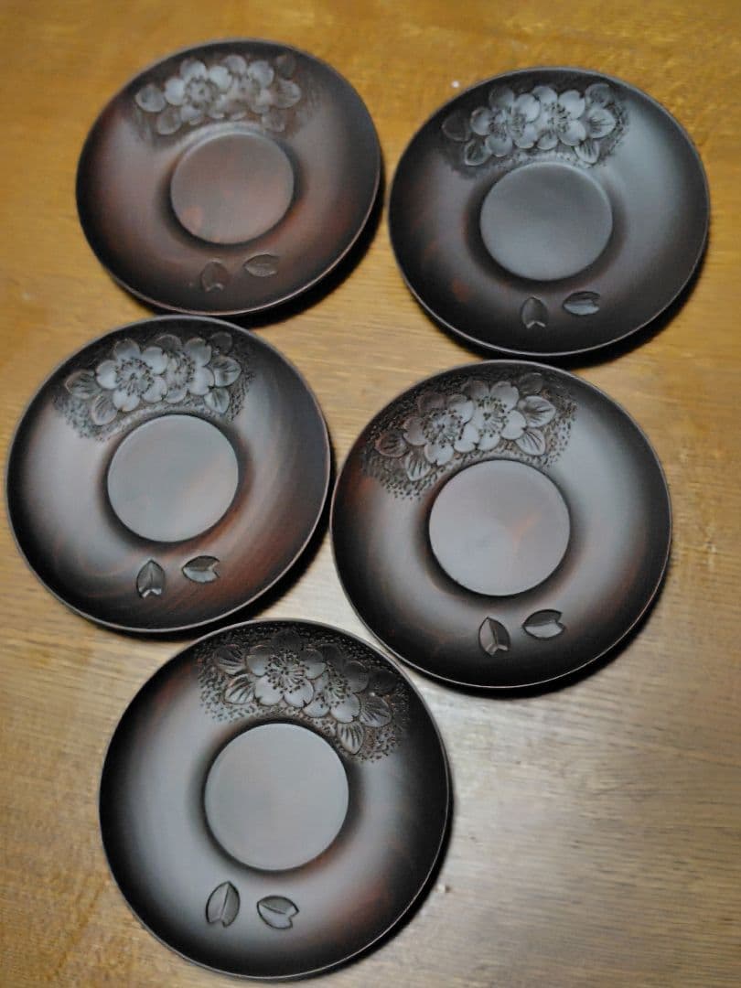 軽井沢彫一彫堂　小皿 5枚セット 花と葉の彫刻