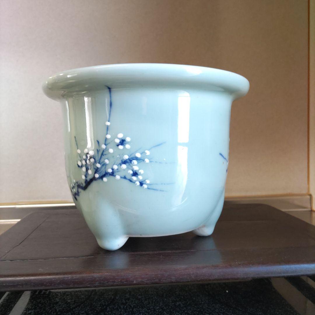 盆栽鉢、尾張焼、 瀬戸焼 、青磁、 染付 梅図 3本足、 蘭鉢 、植木鉢 、大型