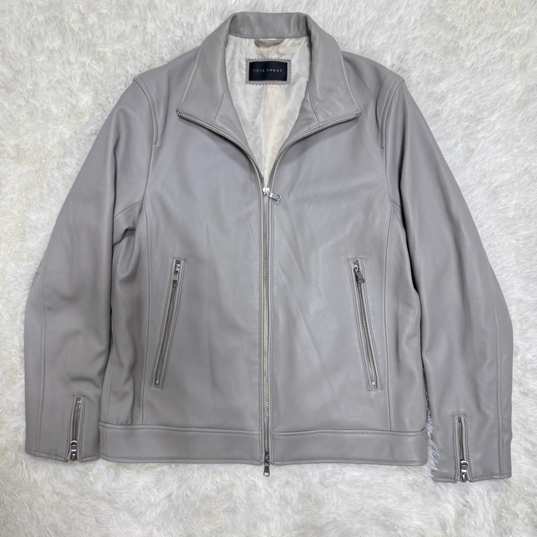 【TETE HOMME】ラムレザーシングルライダースジャケット　レザーブルゾン