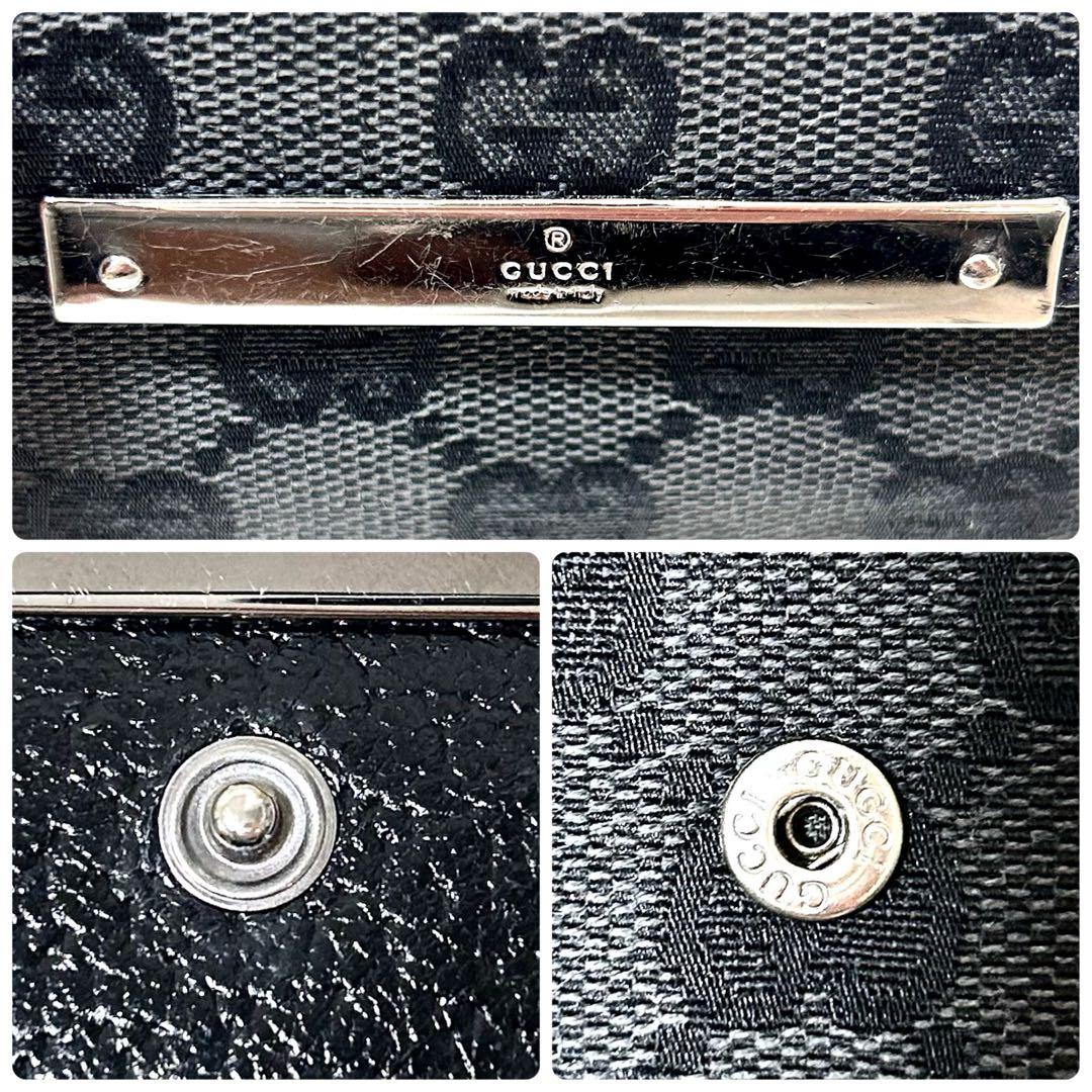 美品✨GUCCI グッチ GG柄 三つ折り財布 ブラック ロゴプレート　ブラック