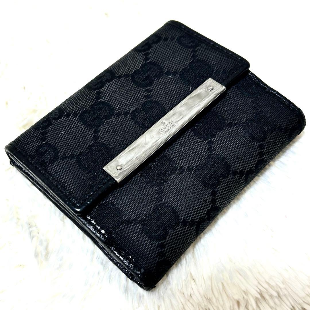 美品✨GUCCI グッチ GG柄 三つ折り財布 ブラック ロゴプレート　ブラック