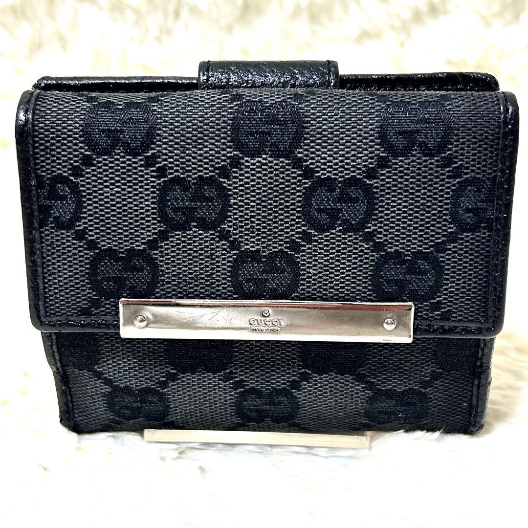 美品✨GUCCI グッチ GG柄 三つ折り財布 ブラック ロゴプレート　ブラック