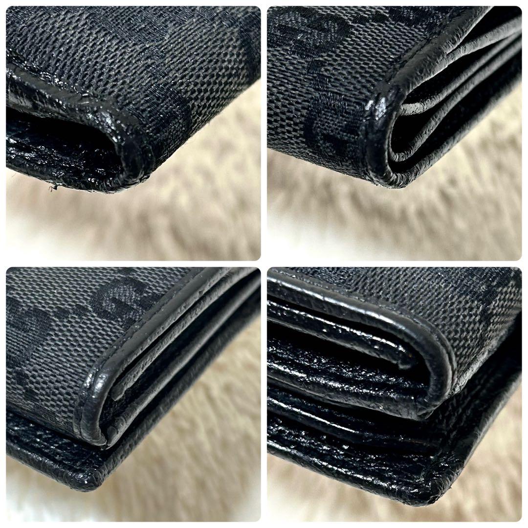 美品✨GUCCI グッチ GG柄 三つ折り財布 ブラック ロゴプレート　ブラック