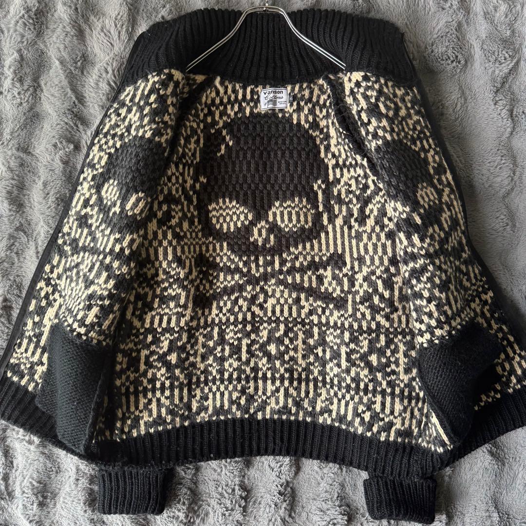 vanson カウチンニット ジップアップ スカル総柄 ノルディック XL 髑髏