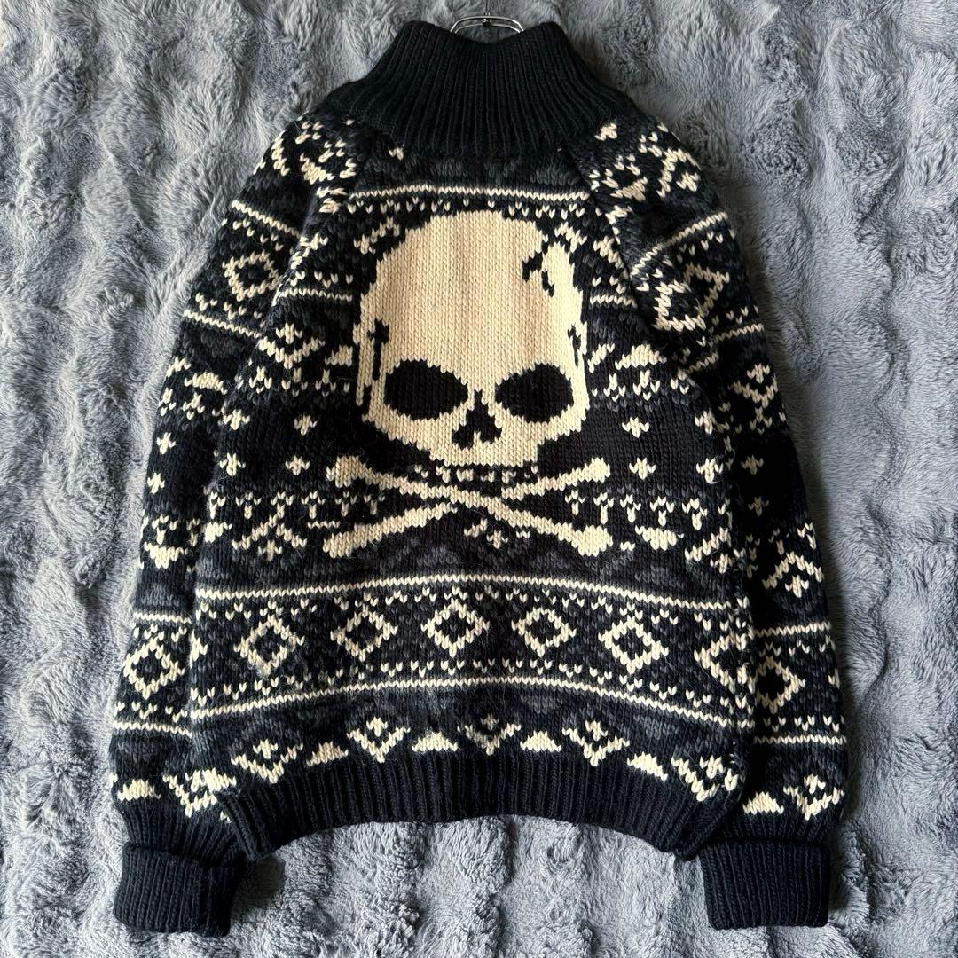 vanson カウチンニット ジップアップ スカル総柄 ノルディック XL 髑髏
