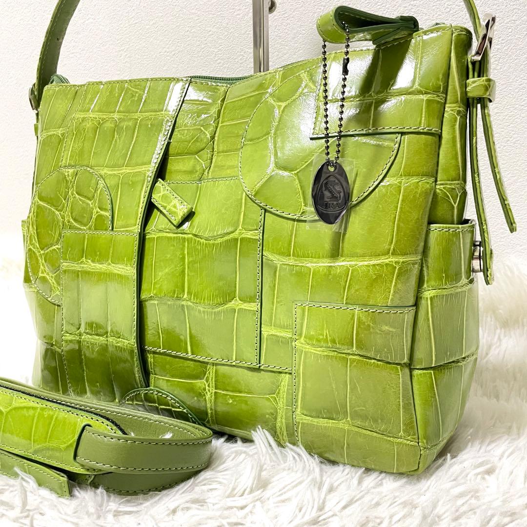 極美品/希少色　JRA認証　リアルクロコダイル　2wayショルダーバッグ　緑