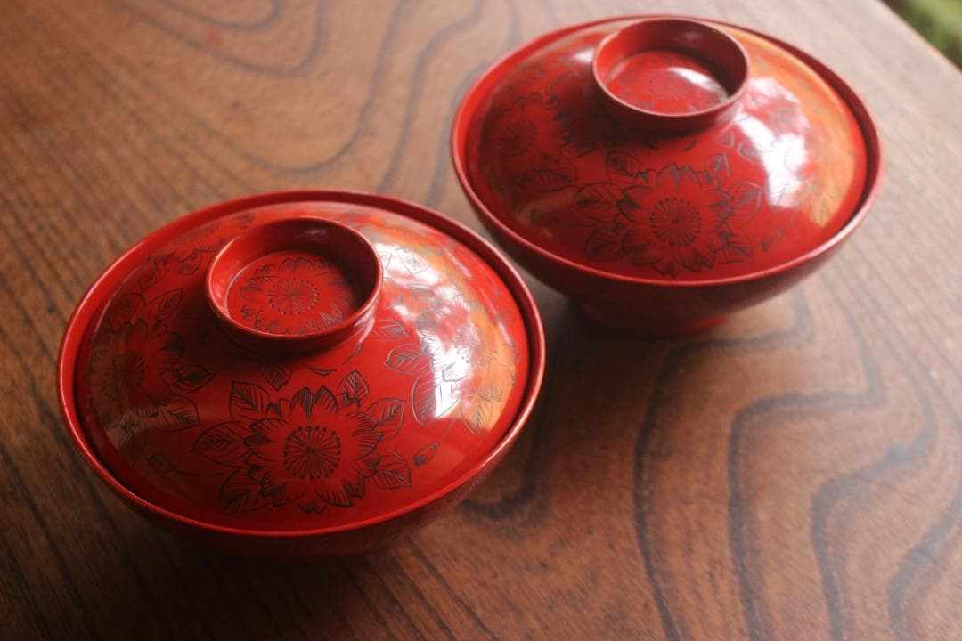 デッドストック！上質朱漆に極上沈黒桜文の映えるお椀2点（検輪島塗懐石椀雑煮椀