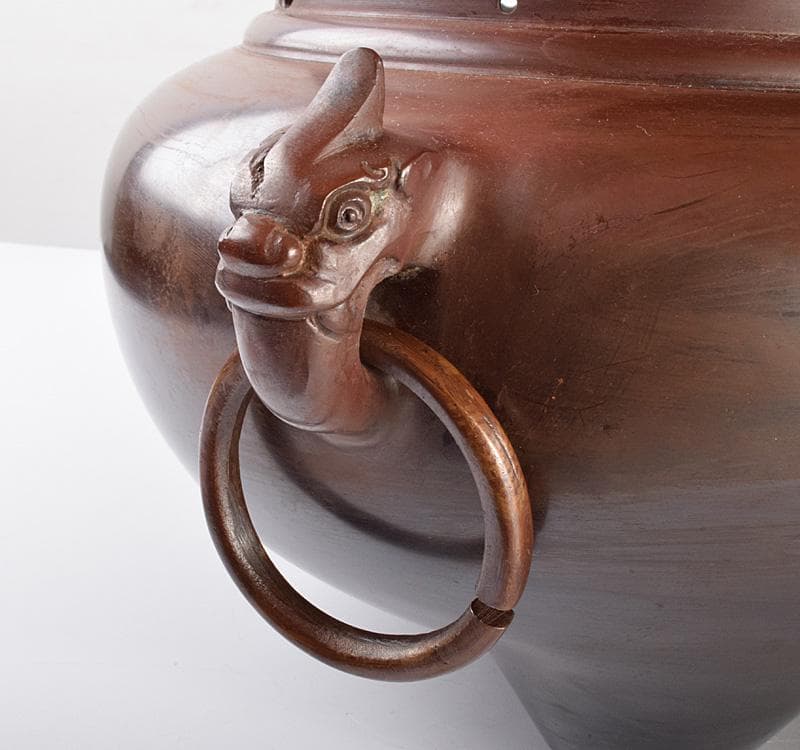 そら釜師　角谷莎村作　鬼面切合釜　鉄釜　風炉　共箱　D　R4868C