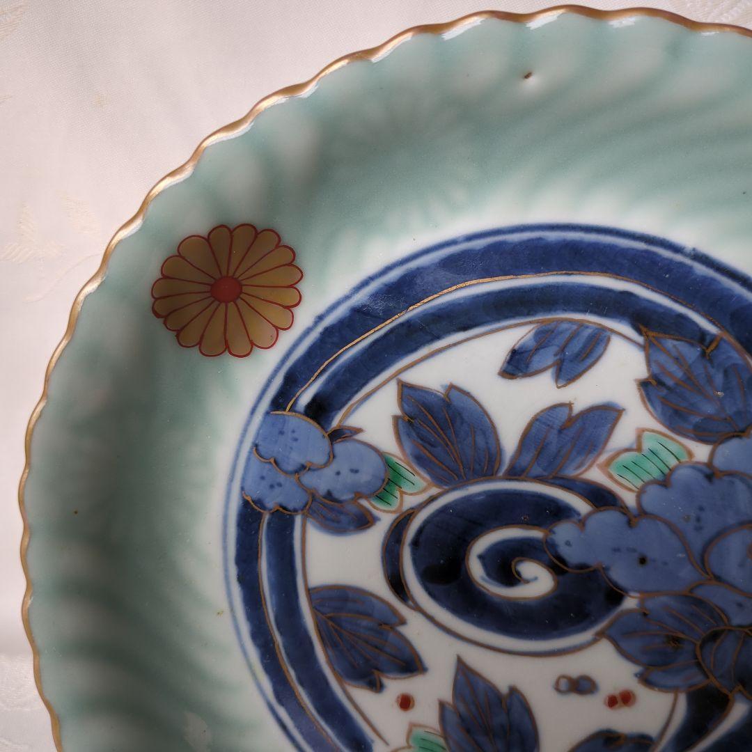 古伊万里 七寸皿 ① 色絵 青磁 菊文様 江戸期