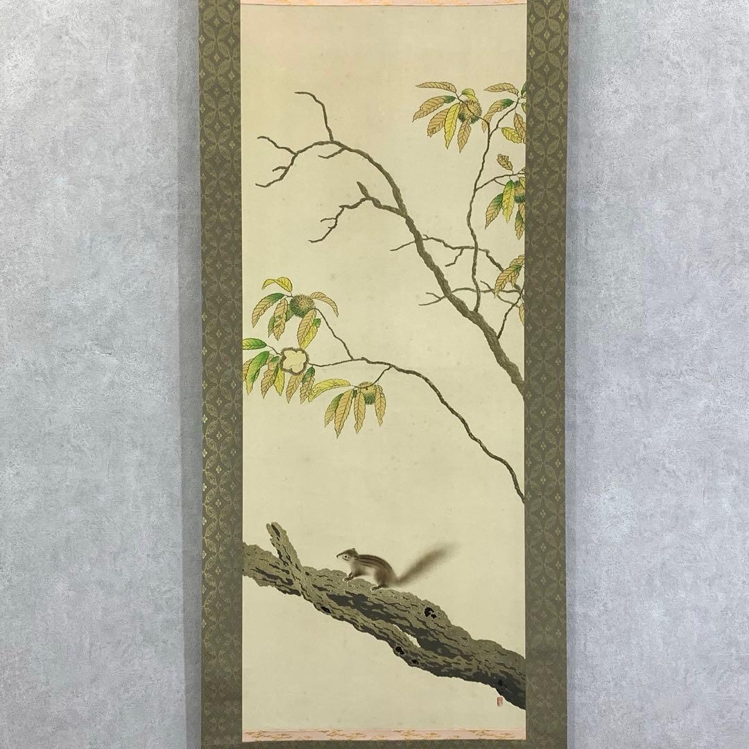 掛軸 菱田春草 栗鼠 木箱 工芸 りす 秋 3-12