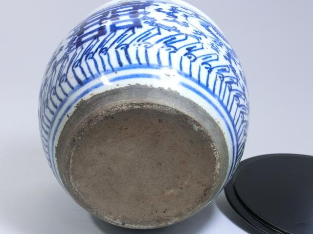 水指■青華花唐草紋 漆器蓋 唐物 染付 古玩 茶器 みずさし 古いお茶道具 骨董