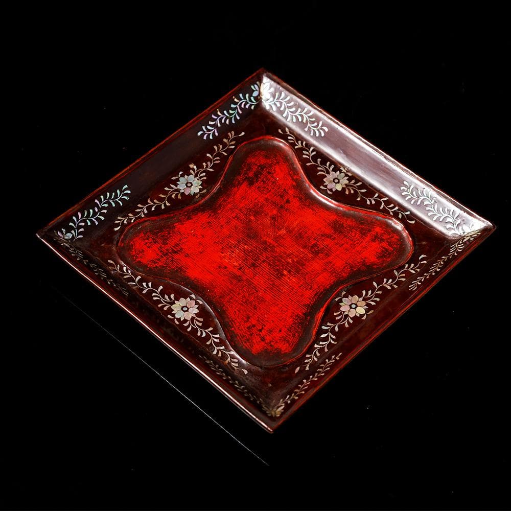 T　唐木　唐物四方盆　唐草螺鈿細工　茶道具　菓子鉢　菓子器　木製　共箱