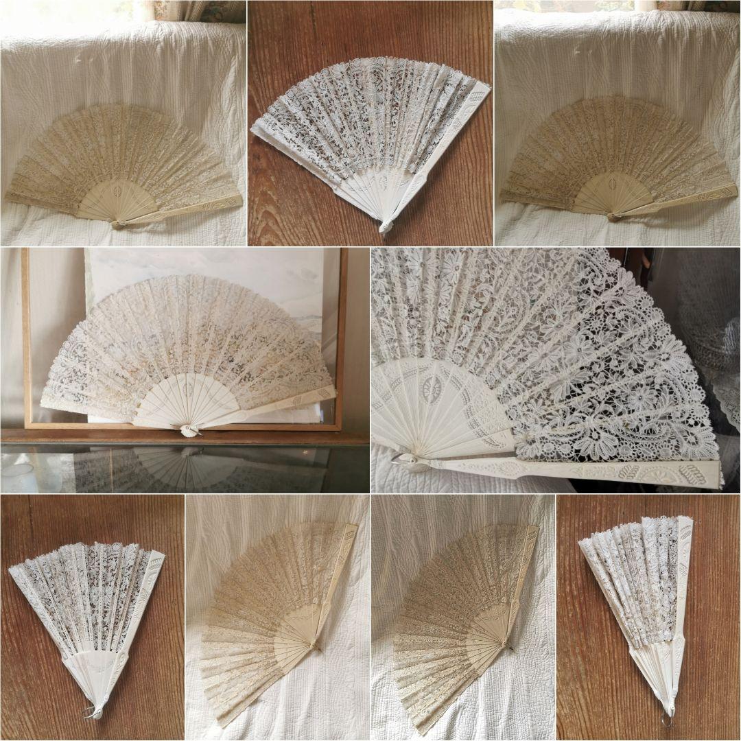 アンティークブリュッセルボビンレーファン 繊細透かしスティック 美しいトーン