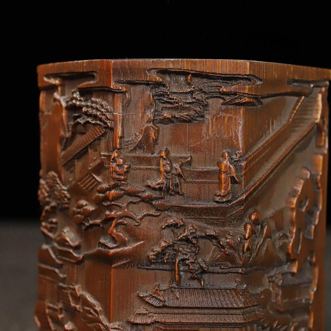 竹 彫刻 亭台楼閣筆箱 書道具 文房具 現代工芸品 美術品 置物