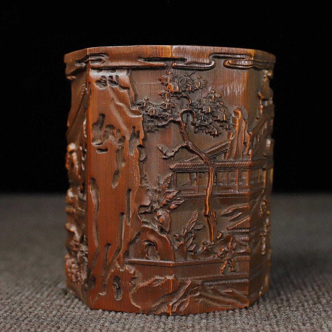 竹 彫刻 亭台楼閣筆箱 書道具 文房具 現代工芸品 美術品 置物