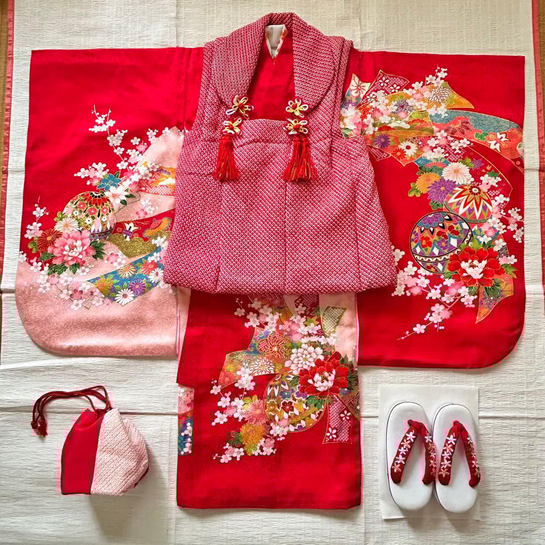 七五三 3歳 フルセット 着物 753 絹 被布 ピンク 三歳 赤 草履