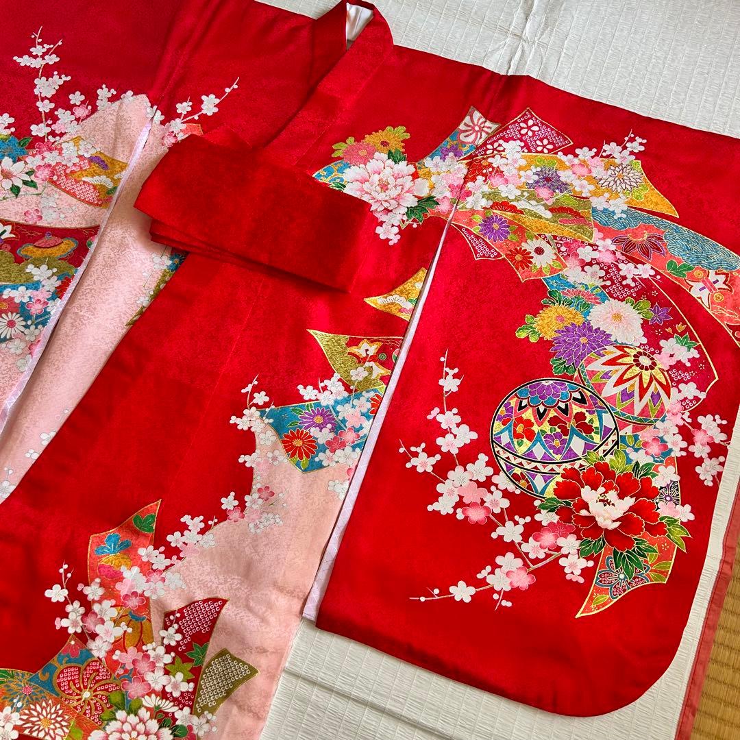 七五三 3歳 フルセット 着物 753 絹 被布 ピンク 三歳 赤 草履