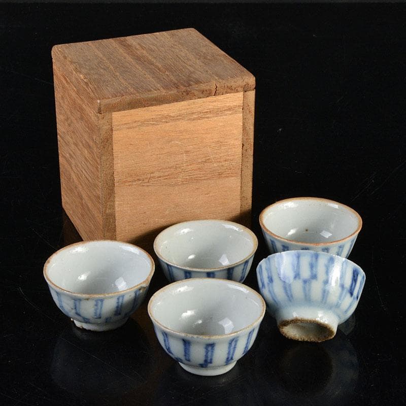 煎茶道具　南京染付　線文　茶杯　ぐい呑　五客　時代箱付　古玩　M R4512