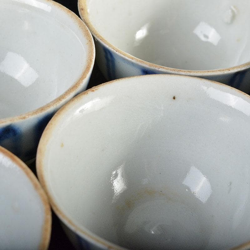 煎茶道具　南京染付　線文　茶杯　ぐい呑　五客　時代箱付　古玩　M R4512