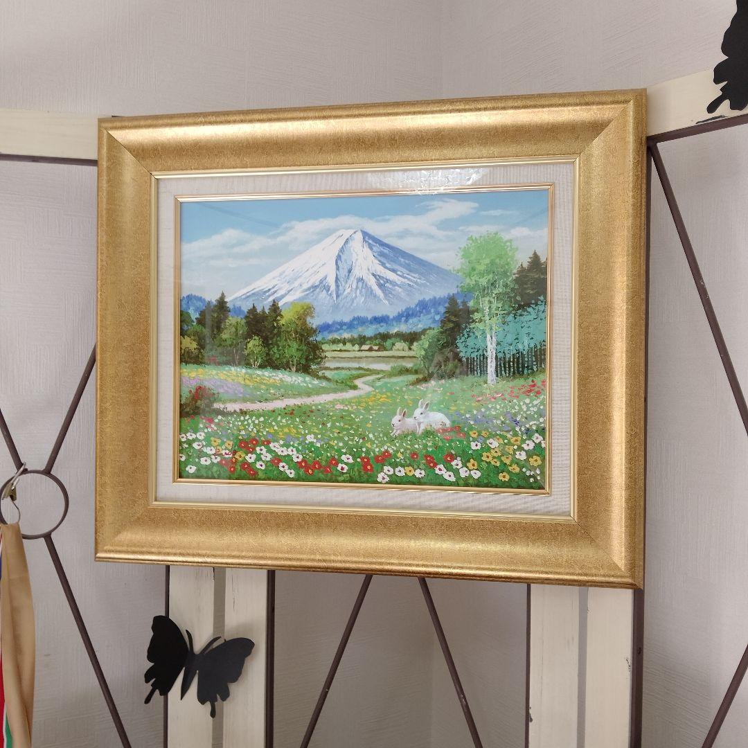 【美品】油彩画　サイン入り　富士山の風景画 　ウサギ　肉筆画　雪