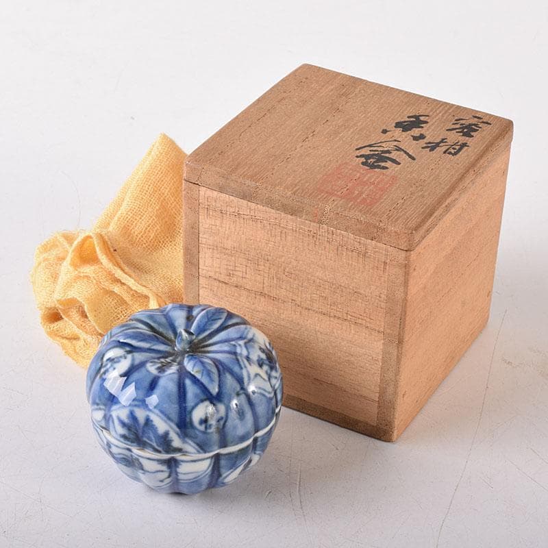 茶道具　平安　三浦竹泉造　染付　山水人物文　蜜柑香合　共箱　V　R8188