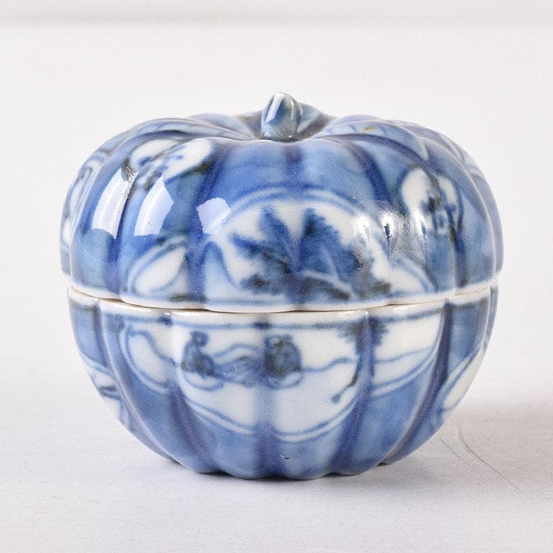 茶道具　平安　三浦竹泉造　染付　山水人物文　蜜柑香合　共箱　V　R8188