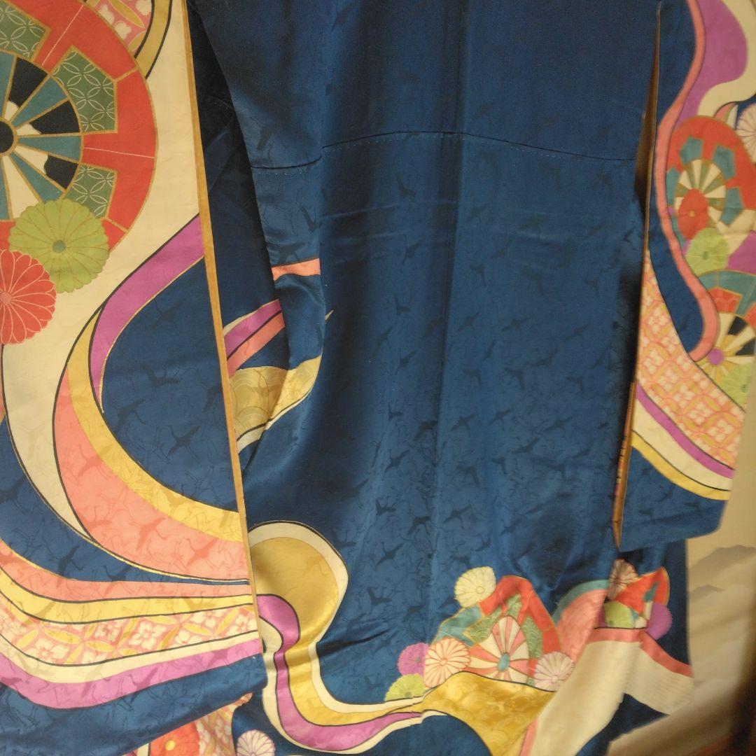 昭和レトロお誂え振袖　群青色　群馬桐生　手染め　正絹　ヴィンテージ着物