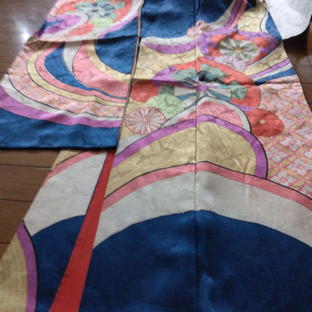 昭和レトロお誂え振袖　群青色　群馬桐生　手染め　正絹　ヴィンテージ着物