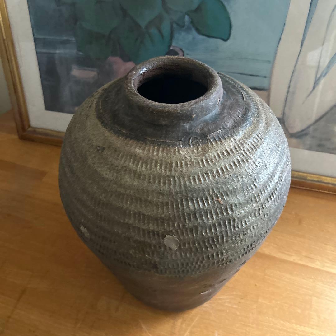 神楽焼　大壺　骨董品　ブロンズ色陶器の大きめの壺