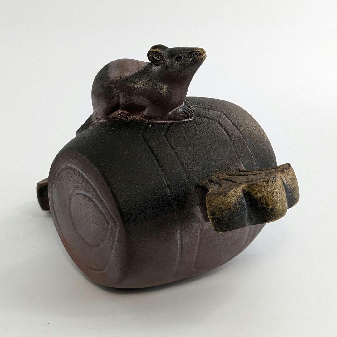 岡山県重要無形文化財 松井與之 備前焼 干支子置物 共箱共布栞 打ち出の小槌