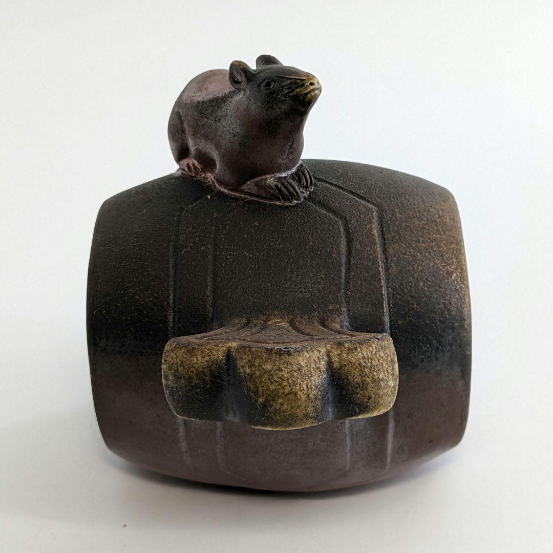 岡山県重要無形文化財 松井與之 備前焼 干支子置物 共箱共布栞 打ち出の小槌