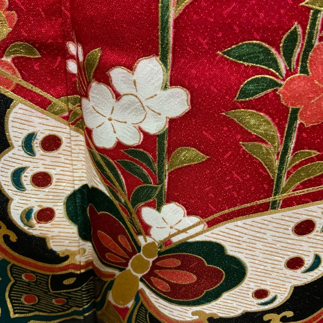 【振袖】鈴屋スーパー鈴ガード加工　赤黒染め分け　蝶と花紋様　正絹　成人式　結婚式