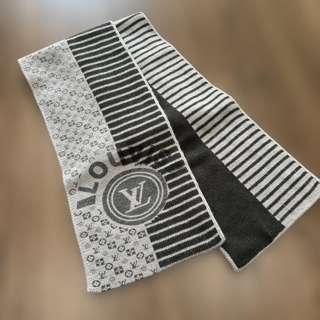 ルイヴィトン　マフラー　ストール　ニット　ブラック×グレー　防寒