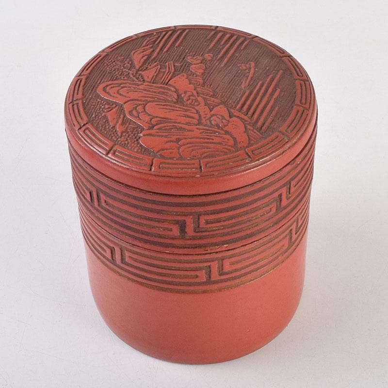 古清水薩摩焼　陶堆朱　山水文　重箱　二段重箱　拝領時代箱　C　R9138