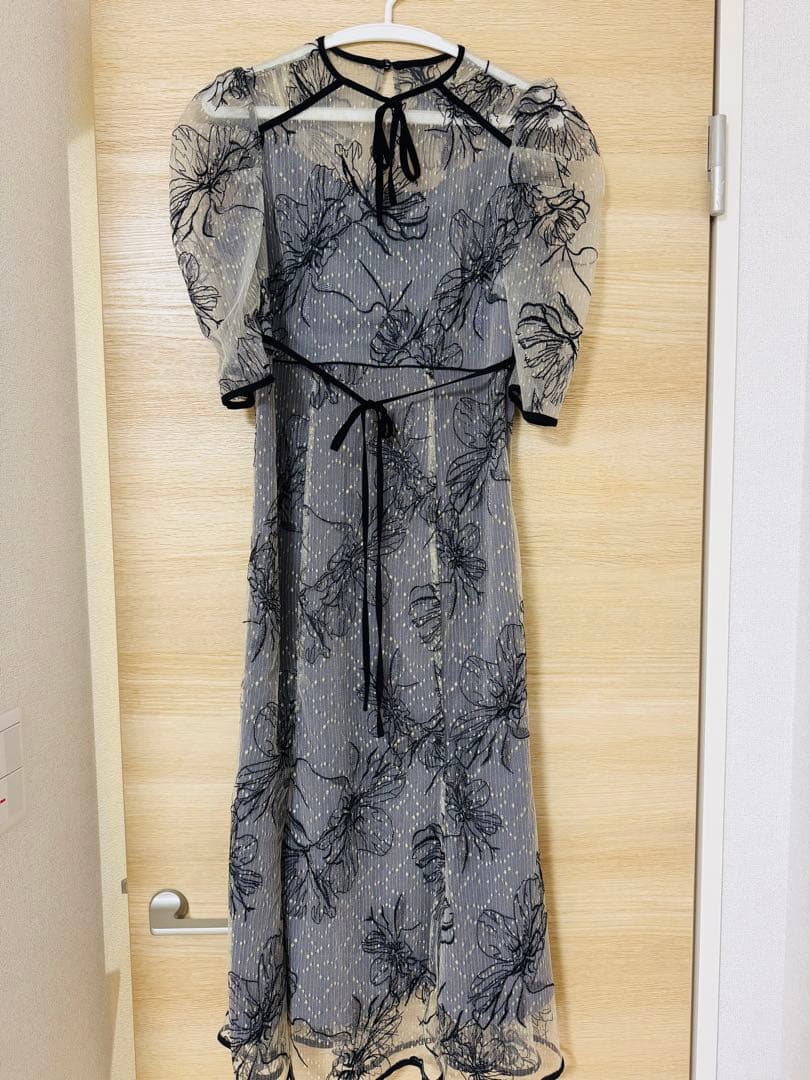 花柄リボンパフスリーブマーメイドワンピースドレス