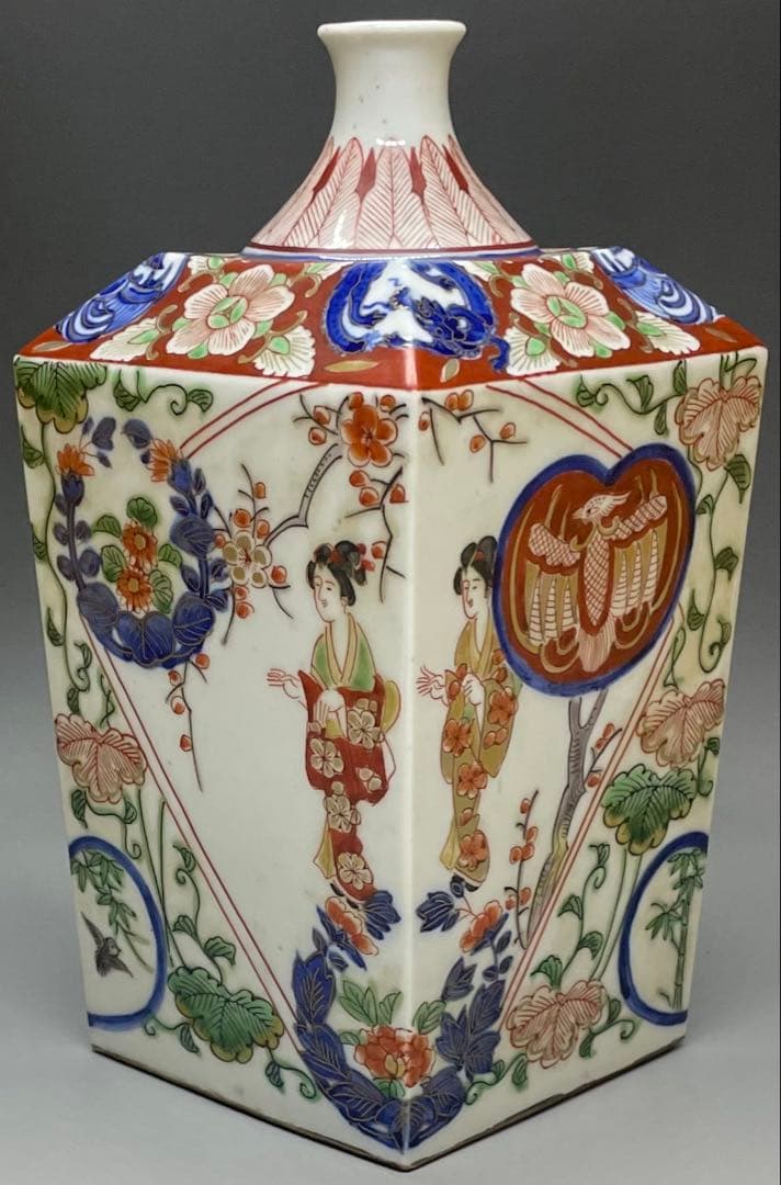 幸せウサギ　古伊万里　錦手　色絵美人角徳利　金彩　色絵　一輪挿し　v613