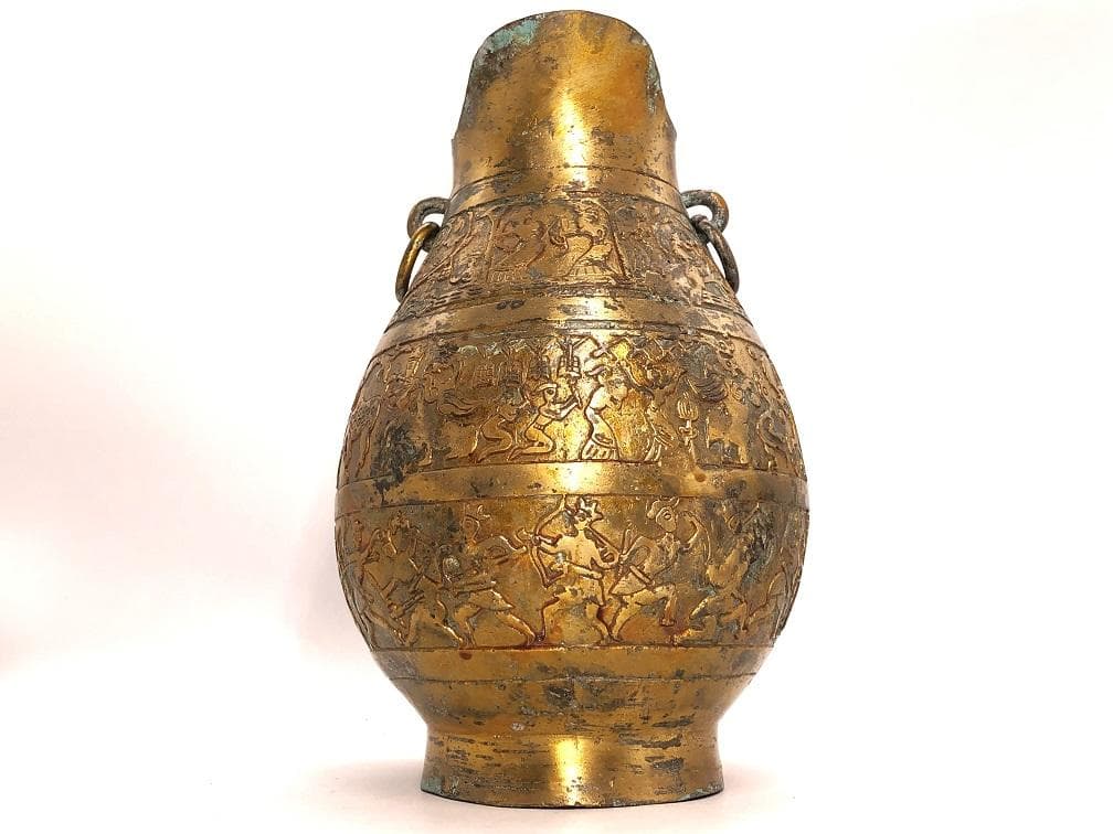 【 中国古代金銅製狩猟戰図文花器 】　惣型鋳造　戦国時代（東周朝）～後代