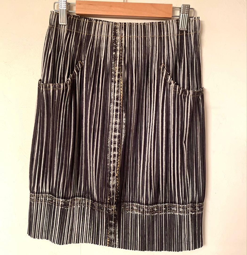 イッセイミヤケプリーツプリーズ デニム転写プリント　プリーツスカート