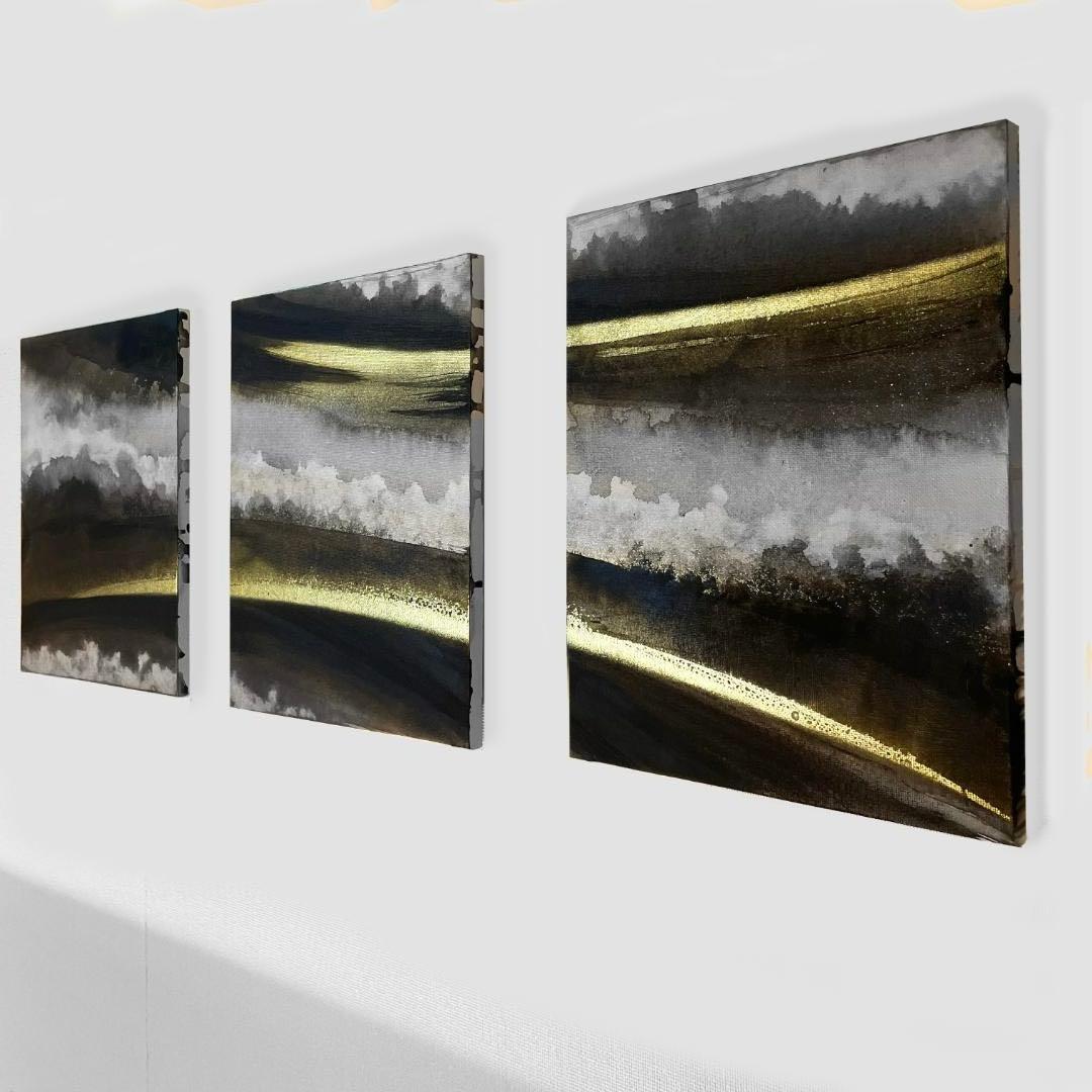 黒金の抽象画3枚組｜F3 キャンバス　現代アート　アートパネル　壁掛け　絵画