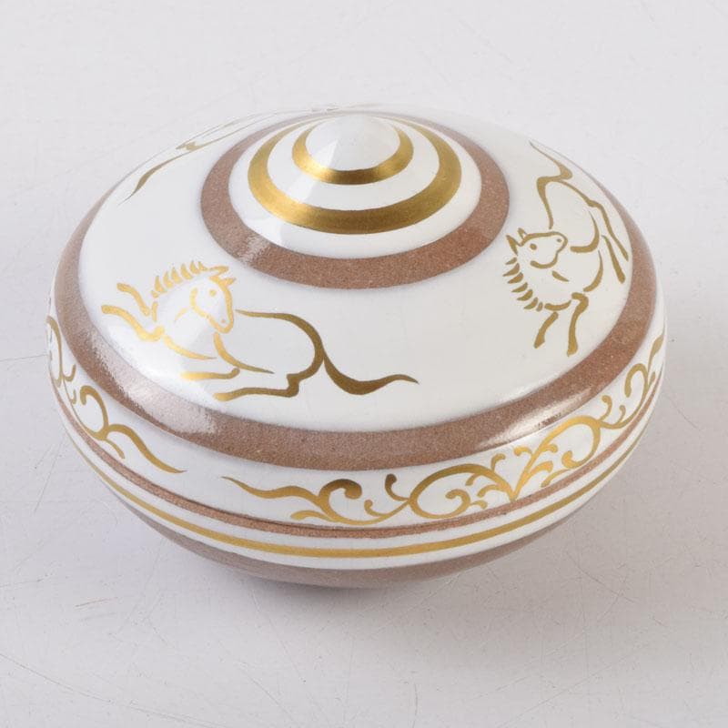 すみれ　京焼　清栄寺窯杉田祥平造　赫土地馬文　宝珠香合　共箱　V　8972