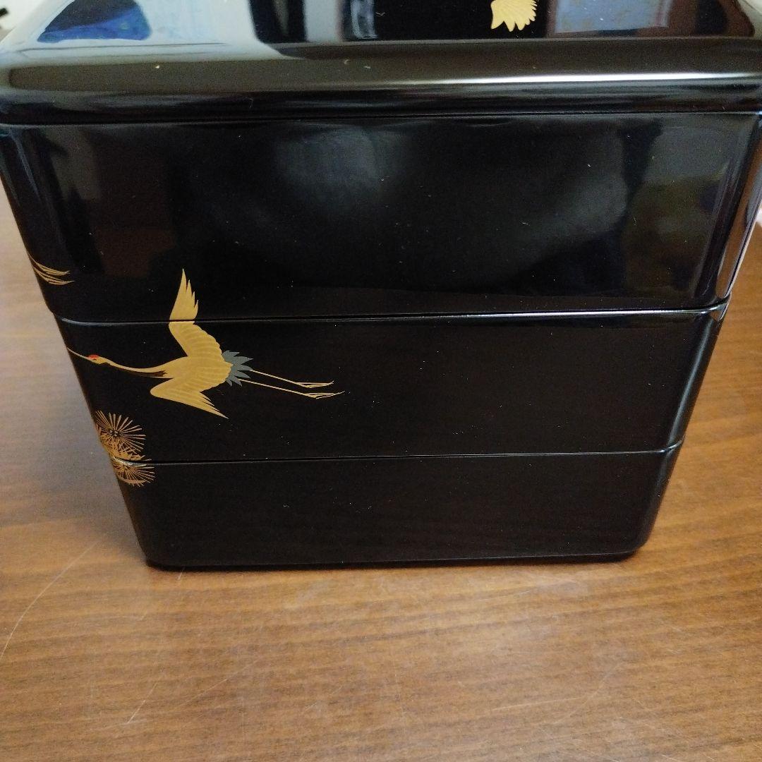 会津塗 漆塗 三段重 目黒廣太謹製 黒内朱 鶴 松 鎹入 漆器
