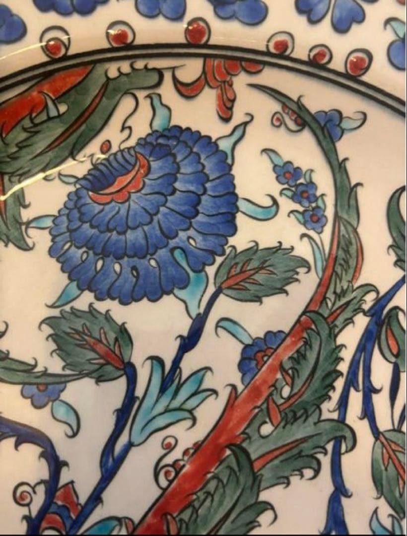 青い花の装飾陶器皿直径31㎝　陶器 トルコ キュタフヤ陶器　絵皿　ハンドメイド
