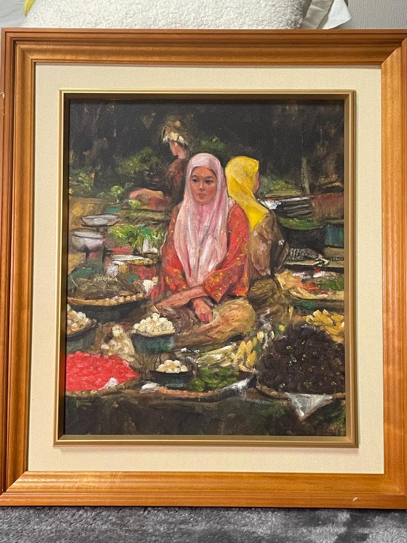 マレーシア東海岸 市場の女性　　　油彩画 木製フレーム